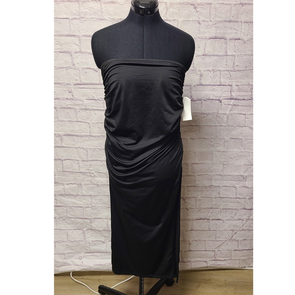 NIA Women's Black Strapless Ruched Midi Tube Dress Side Slit Size M New